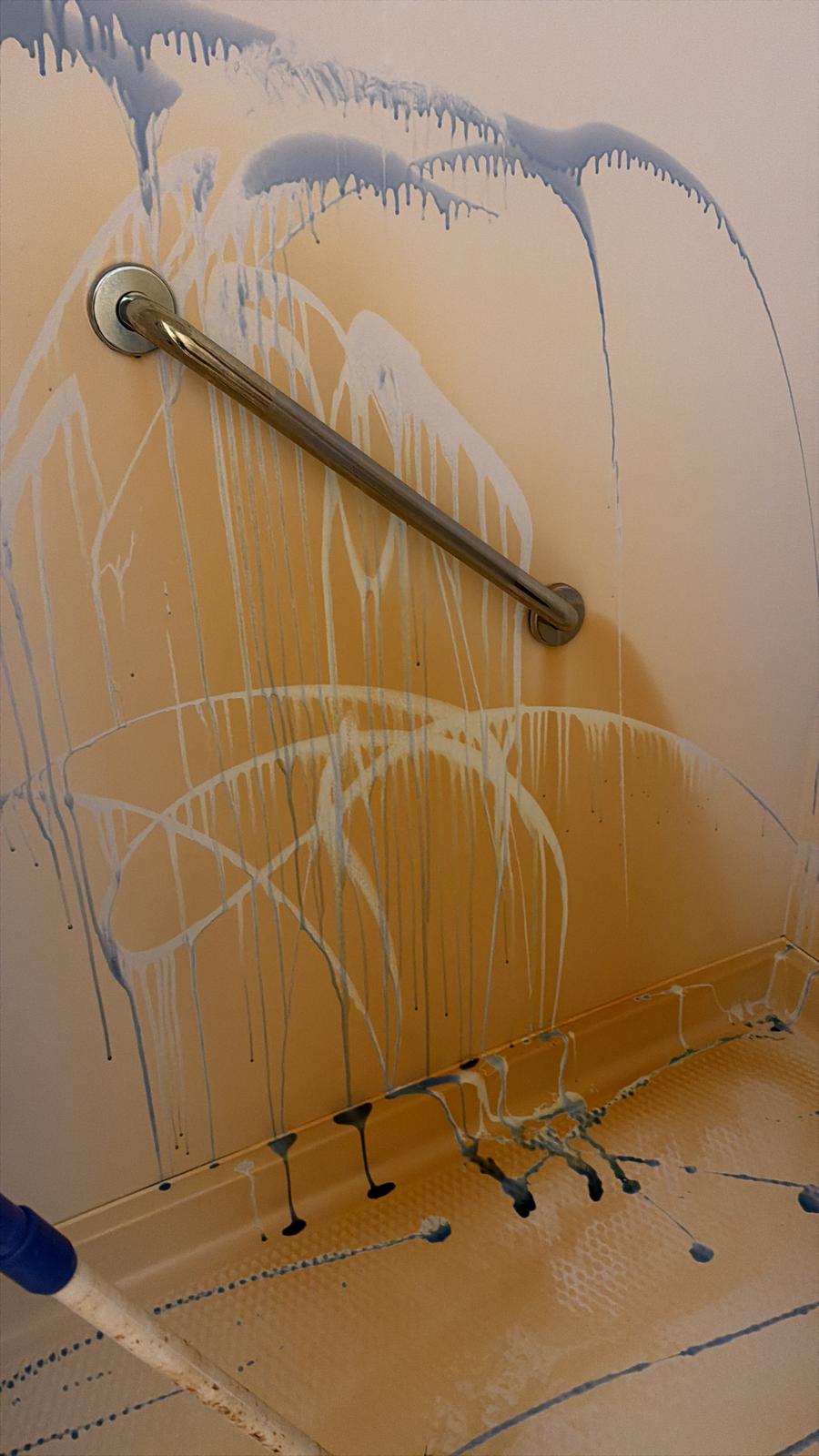 Cleaning project: shower wall with cleaning product applied
